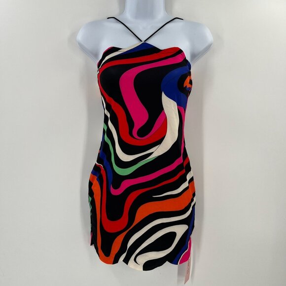MICAS S Psychedelic Swirl Mini Dress Bodycon Strapless Multi-Color Y2K Party - Picture 9 of 9